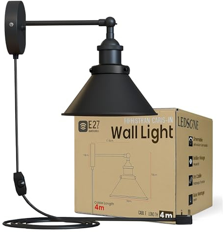 LEDSone Plug in Wall Light Indoor 18 cm Black Adjustable 4m Cable Industrial Wall Lamps