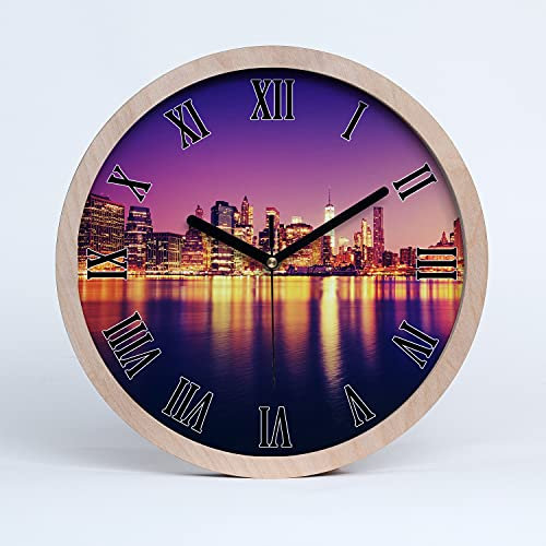 Tulup Holzuhr ⌀ 20cm Modern Runde Dekoration Uhr Holz Wanduhr Stille Uhren Schwarze Uhrzeiger - Manhattan New York