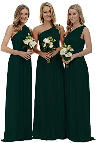 dinavian Damen One-Shoulder Chiffon Abend Party Ballkleid Abschlussball Hochzeit Brautjungfernkleid, dunkelgrün, 44