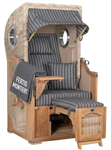 MR. DEKO® Strandkorb Düne Single Teak 1-Sitzer Bullauge | PE Geflecht Shell | Volllieger verstellbar mit Fußablage | inkl. 2 Kissen Wechselpolster | Strandkörbe fertig montiert | Bezug Dessin 500