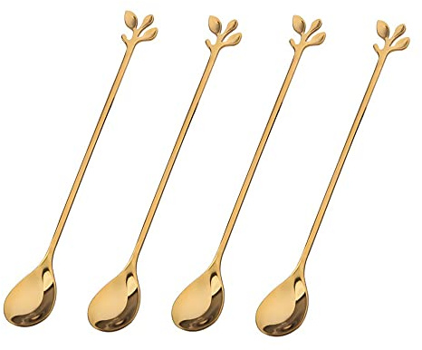 Cucchiai da tè con manico lungo, color oro, 17,4 cm, cucchiaini da caffè, cucchiaini da cocktail in acciaio inox, per miscelare, frullato e bevande fredde (set di 4)