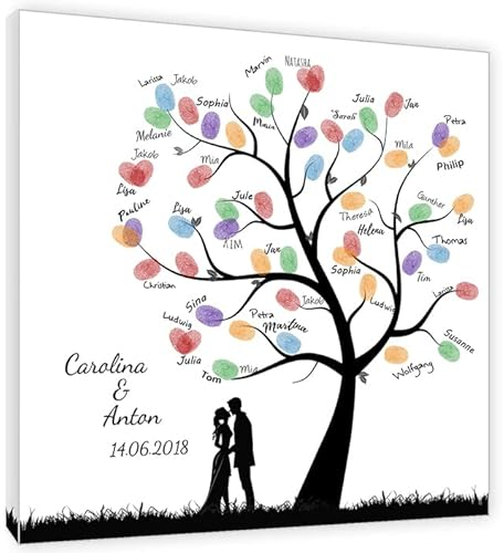 galleryy.net Fingerabdruckbaum Leinwand 40x40 cm - Individuell mit Namen & Datum - INKL Zubehör-Set mit Stempelkissen, Stift und Hochzeitsbuch - Motiv Paarbaum Kuss
