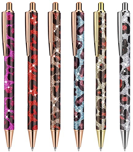 cobee Metallpennor med bling, 6 stycken infällbara kulspetspennor, 1,0 mm, svart bläck, kulspetspennor i metall med glitter, kulspetspennor för män, kvinnor, skola, kontor, hem, ritning (leopardtryck)