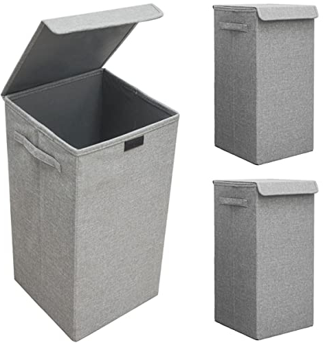 DuneDesign Juego de 3: 50L Cesta Ropa Sucia con Tapa - 30x30x60 Cubo Ropa Sucia Estrecho - Canasta Ropa Sucia Plegable Gris - Washing Basket Hamper de Ropa Infantil Cestas Ropa Sucia Altas para Baño