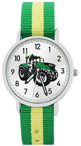 Pacific Time Montre-bracelet pour enfant garçon tracteur pour enfant - Vert - Bracelet textile vert jaune - Aiguilles lumineuses - Quartz analogique - 87659, bracelet