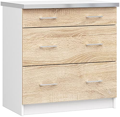 3E 3xE living.com Küchenmöbel EDERSEN, Unterschrank mit 4 Schubladen mit Küchenarbeitsplatte in weiß & Sonoma (B:40cm H:85cm T:46cm) mehr Teile zum Auswahl