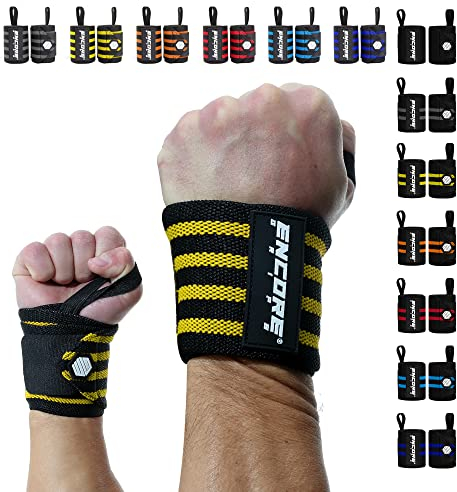 Encore Grips® Handgelenk Bandagen für Bodybuilding, Kraftsport, Crossfit, krafttraining Bandage, Handgelenkbandage für Fitness, Handgelenkstütze, Handgelenkschoner, Wrist Wraps (Schwarz-Gelb-V2)