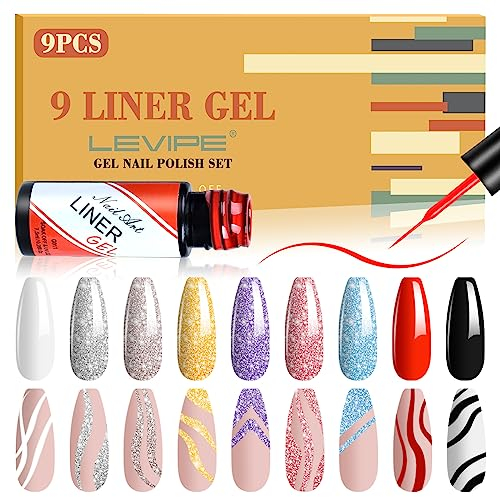 LEVIPE Painted Vernis Semi Permanent Liner, Line Art Gel 9 Couleurs Noir Blanc Rouge, Champagne Bleu Argent Or Violet Paillettes Nail Art Gel Peinture Manucure Outils