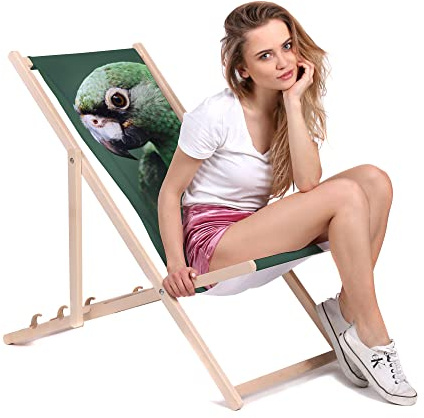DreamRoots Liegestuhl klappbar Buchenholz, Green Parrot | Klappliegestuhl Holz, Buchenholz, bis 130 kg, 3-fach verstellbar, waschbarer Polyesterbezug, für Garten & Terrasse