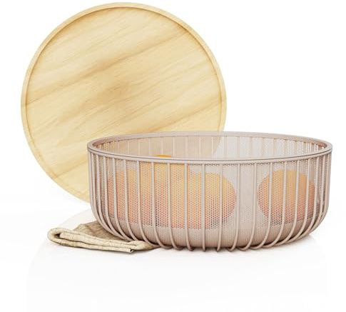 LIBKEN Metal Fruit Bowl Basket with Wooden Lid - Fruit and Vegetable Holder For Kitchen Counter - Countertop Display Baskets Organizer - Bowl Storage for Veggie, Fruits, Snack, and Banana - Peach