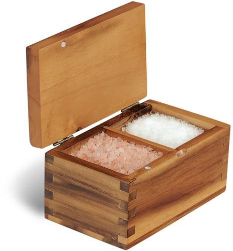 Demigo Acacia Salt Cellar 20 oz, Magnetic Flip Lid Salt Box, Natural Brown | 2-Compartment Storage Box, 5.6 x 3.6 x 3 in Large Wooden Spice & Seasoning Keeper for Kitchen, Holds Sea Salt, Herbs & Pepper