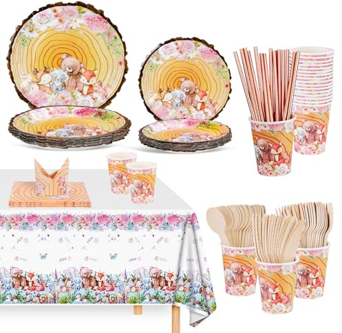 Hysagtek Juego de vajilla para decoración de fiesta de safari de la selva, 129 piezas, platos de papel para baby shower, servilletas, vasos, popotes y mantel (16 invitados)