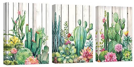 CCWACPP Stampa artistica da parete su tela con cactus, 3 pezzi, stampa artistica da bagno messicana con piante grasse, decorazione per la casa (incorniciata, cactus 1, 28 x 35 cm x 3)