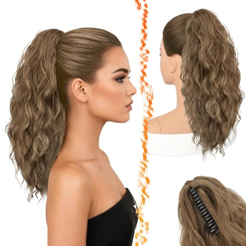 BARSDAR Klauen Clip Pferdeschwanz Verlängerung, 45 cm Lange Lockige Wellige Clip in Pferdeschwanz Haarverlängerungen Natürliche Synthetische Haarteile Ponytail Extension für Frauen