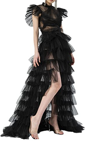 Falda larga de encaje de tul para mujer, de alto a bajo, con volantes, unicolor, malla atada, de longitud irregular, para fiesta, con cobertura de sobrefalda, estilo chic, Negro , Talla única