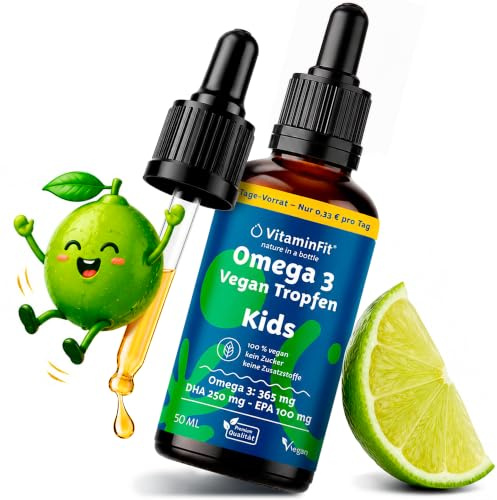 Omega-3 Tropfen Vegan für Kinder – ohne Fischgeschmack – DHA & EPA – Omega-3-Öl aus nachhaltiger Algengewinnung 250 mg DHA und 100 mg EPA pro Tag – hohe Dosierung – Vorrat für 2 Monate (50 ml)
