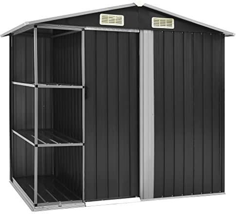 vidaXL Garden Shed with Rack - Anthracite Colour, Galvanised Iron Material, Excellent Ventilation, Easy Access Sliding Door - Ideal for Storing Garden Tools and Hardware