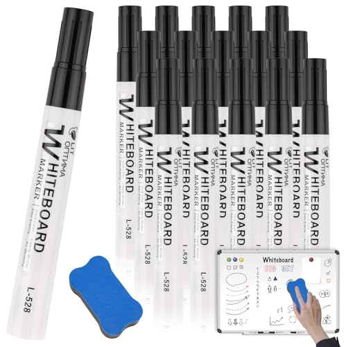 Deepton Whiteboard Marker, 15 Schwarz Whiteboard Stifte Abwischbar, Non Permanent Dry Erase Marker mit Whiteboard - Radierer, White Board Marker Pens für Schule Büro Flipchart - Rundspitze 2-3mm
