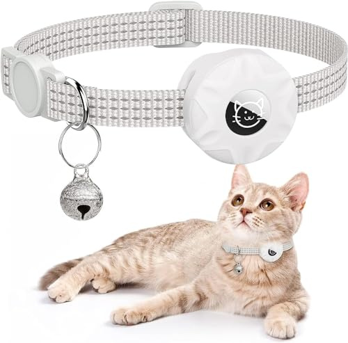 Katzenhalsband für AirTag Integriertes Reflektierendes Kätzchenhalsband, Welpen Katzenhalsband mit Glocke Leichte Tracker Katzen Halsbänder für Mädchen Junge Katzen, Weiß