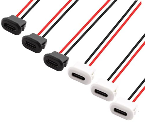 RUNCCI-YUN 6PCS USB C Type-C Female Chassis 2Pin Soldering Jack Waterproof USB C Pigtail Cable Extension Power Cable Micro USB Type C Panel Mount Connector with Card Buckle (black white)