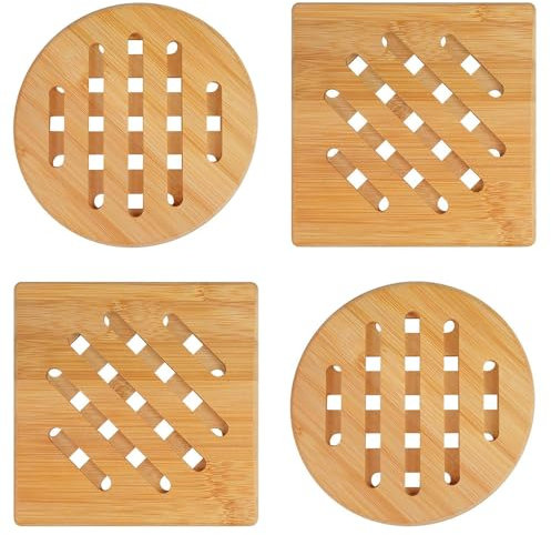 yotutun Topfuntersetzer, 4 Stück Natürliche Quadratisch und Rund Topfuntersetzer Holz Topf Untersetzer Set für Küche Schüssel Teller (15 cm)