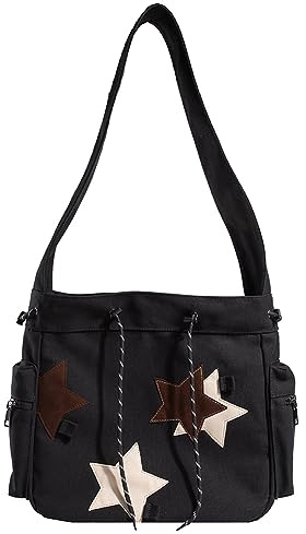 Fiorky Canvas-Umhängetasche for Damen, niedliche Umhängetasche, großes Fassungsvermögen, Canvas, vielseitige Umhängetasche, Hobo-Tragetaschen, Stern-Applikation, Y2K-Street-Style-Schultasche