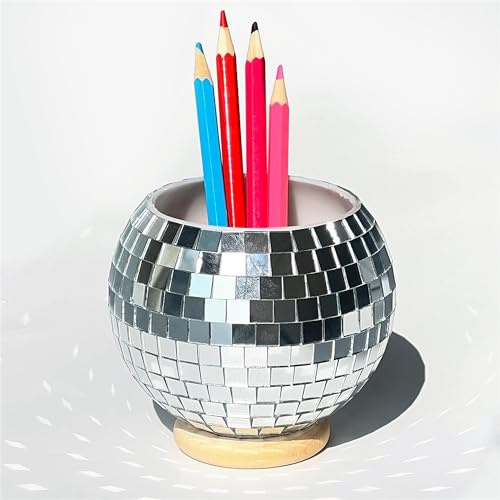 Qiumyanlod Stiftehalter aus Glas, silberfarben, für Schreibtisch, Büro, Disco, Spiegel, Dekoration, Schreibtisch-Organizer, Stiftehalter, Bürobedarf, Schreibtischzubehör, 10,2 x 12,7 x 12,7 cm