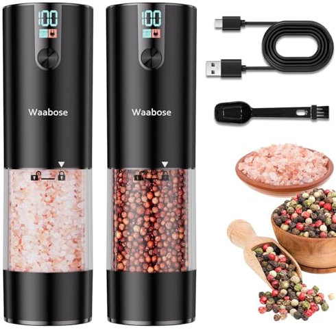 Waabose Lot de 2 moulins à sel et poivre électriques avec broyeur en céramique réglable de grossier à fin I Design automatique rechargeable (Noir)