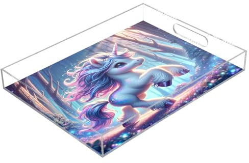 A Small Cute Unicorn Is Prancing in Magical Forest Acrylic Serving Trays, Clear Rectangular Tray with Handles Serving Platter for Coffee Table Kitchen Bathroom