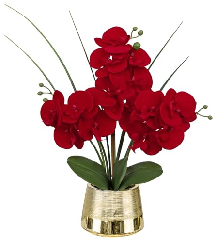 Oairse 40cm Artificial Orchid Flowers Red Artificial Flower in Ceramic Pots Real Touch Silk Phalaenopsis with 14 Flowers Fake Orchids Plant for Home Kitchen Bathroom Table Centerpiece Decor