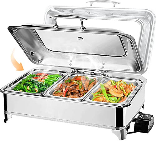 Chafing Dish Electrico de Acero Inoxidable 9L, Calentador de Comida Comercial, Temperatura Ajustable para Buffet con Tapa Visible (Full Pan)