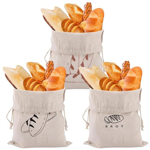 GWAWG 3 Pack Linen Bread Bags, Reusable Bread Storage Bag with Drawstring, Eco Bread Bags to Keep Bread Fresh, Natural Flax, 30x40cm, Machine Washable