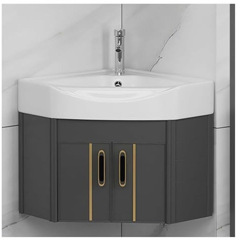 DMBBSAPBSH Eckwaschbecken mit Unterschrank, Badezimmerwaschtisch mit Waschbecken-Kombination, Badezimmerschrank mit 2 Türen mit Keramikwaschbecken mit Wasserhahn und Abfluss(43 * 43cm/16.9 * 16.9in)