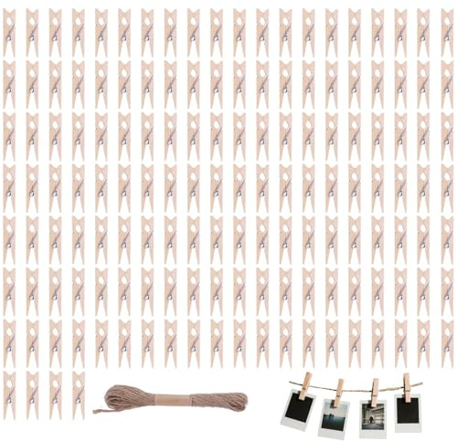 Set Di 150 Mini Mollette in Legno Naturale Da 3,5 Cm Con Corda Di Iuta Da 10 Metri – Ideali Per Appendere Foto, Cartoline, Vestiti E Decorazioni Fai Da Te Clip Decorativi Con Pushpins