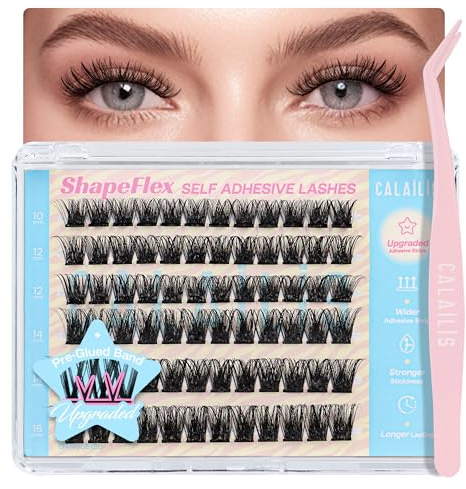 CALAILIS Pre Glued Cluster Lashes, Self Adhesive Eyelashes, No Glue Needed 72Pcs D Curl Reusable Pre Glued Eyelashes,10-16mm Wispy Cluster Lashes Kit with Tweezers for Beginners Press on Lashes (ZN23)