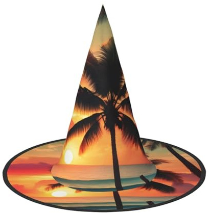 WOmeng Tropical Beach Palm Tree Print Halloween Witch Hat Carnival Costume Accessory Foldable Lightweight Cap Festivals