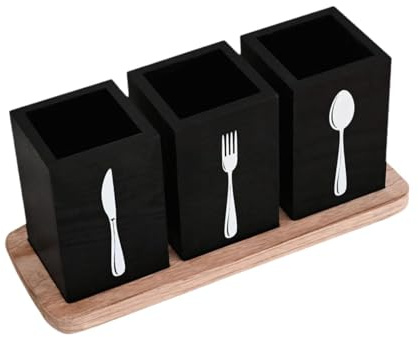 Sharplace 4 Teile Rustikaler Holz Besteckhalter Küchenorganizer mit Fächern für Messer Löffel Gabel Stabile Aufbewahrung für Küche Wohnküche Geschenk, Schwarz