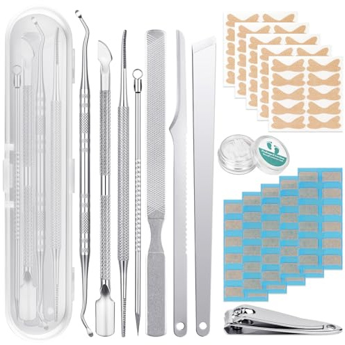 Beugo Juego de Uñas Encarnadas, 168 PCS Uego de Correctores de Uñas Encarnadas, 7 en 1 kit de pedicura en acero inoxidable, 50 tiras alisadoras de uñas sin dolor y 1 cortaúñas, set pedicura