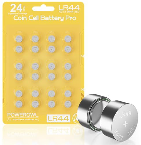 POWEROWL Pila de Botón LR44 1.5V Alcalina de Larga Duración,24 Unidades, Batería AG13 A76 357 para Relojes, Calculadoras y Juguetes
