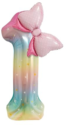 Luftballon 1. Geburtstag, 1. Geburtstag Mädchen, Zahlen Geburtstag Folienballon, Regenbogen Farbverlauf mit rosa Schleife und Sternen, Geburtstagsparty Dekoration für Mädchen