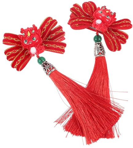 MUCKLILY Barrettes à Cheveux Chinoises Nœud Papillote et Pompons Rouges Paire D’Accessoires pour Cheveux Hanfu pour Filles et Adolescentes Style Traditionnel pour Nouvel An Chinois
