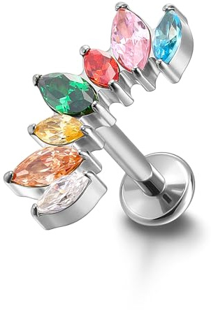 PiercingJak 16G Titan Helix Piercings mit bunte Zirkonia Olivenform Innengewinde Lippenpiercing Labret Medusa Monroe Ohr Klein Tragus Stud Piercing Stäbe Stecker 8mm