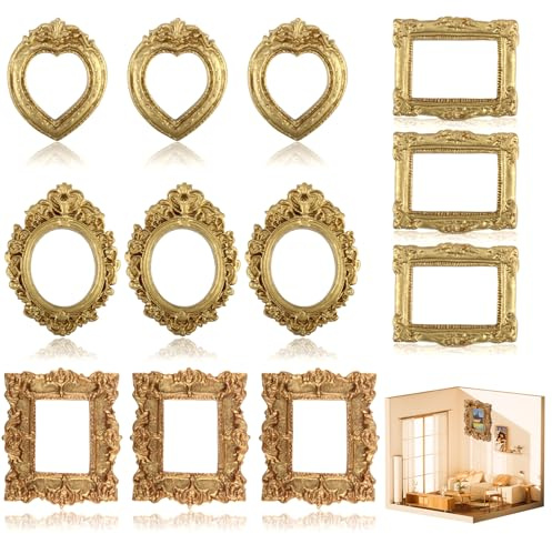 SJUNJIE Mini Cornici per Foto 12 Pcs Mini Cornici Vintage in Resina 4 Forme | Diverse Barocco Cornicis Miniatura per Espositori per Gioielli, Accessori Fotografici Creativi e Artigianato Fai-Da-Te