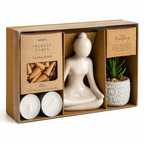 White Lizzy Buddha Gift Set for Women & Men – Meditation Spa Relaxation Set with Buddha Ornament, Sandalwood Incense Cones, Candle Holders & Decorative Pebble Pot – Zen Home Décor Wellness Gift