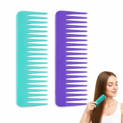 FYHJNC 2 Pack Wide Tooth Detangling Combs, No Handle PP Hair Combs for Curly Wet Dry Thick Fine Hair, Portable Styling Shampoo Combs (Light Green, Purple)