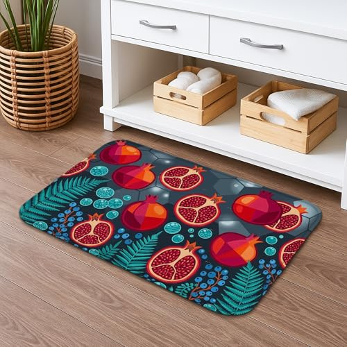 Granatapfel-Badematte, schnell trocknend, bunte Früchte und Farne, saugfähig, rutschfest, Herbstflanell, waschbar, Badteppiche für Badezimmer, 50,8 x 81,3 cm