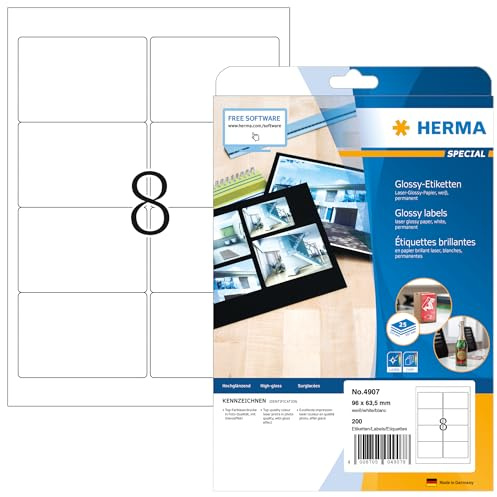 HERMA 4907 Hochglanz Etiketten, 25 Blatt, 96 x 63,5 mm, 8 pro A4 Bogen, 200 Stück, selbstklebend, bedruckbar, glänzend, blanko Glossy Papier Klebeetiketten Aufkleber, weiß