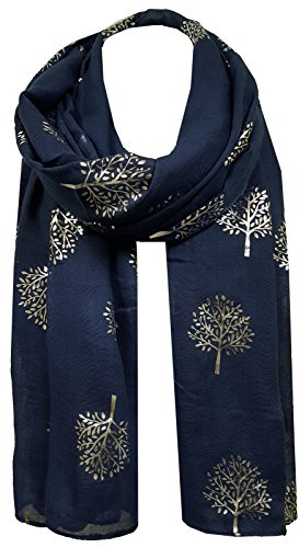 World of Shawls Silver Foil Mulberry Tree Print Fashion Scarf (Navy Blue)