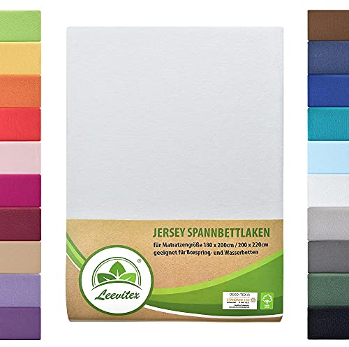 Boxspringbett & Wasserbett Spannbettlaken von leevitex® | Spannbetttuch | Jersey 180 x 200-200 x 220 cm, 40cm Steghöhe 100% Baumwolle ca. 170 g/m² (Weiß)