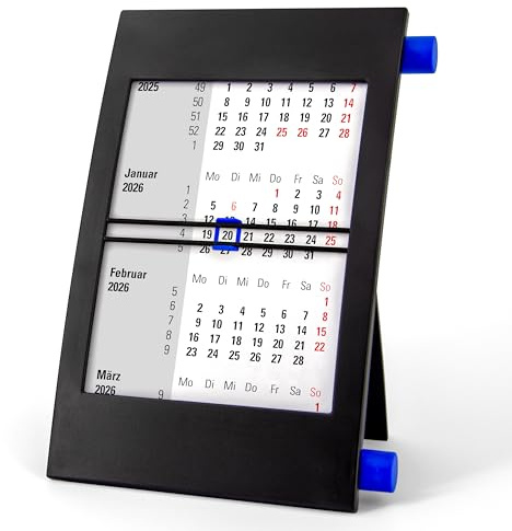 3-Monatskalender Tisch 2026 2027 - Büro & Homeoffice Tischkalender mit Drehmechanik - 2-Jahres-Kalender - schwarz/blau - Truento